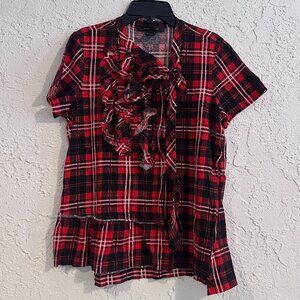 Marc Jacobs Plaid Ruffle Blouse Red Black Cotton Size S